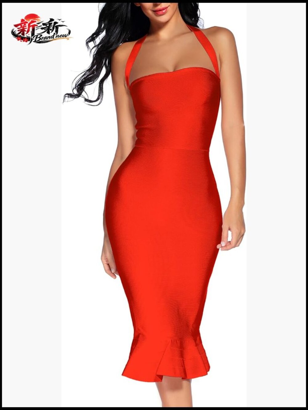 Women's V Neck Halter Fishtail Bandage Bodycon Party Dress Sleeveless Zipper